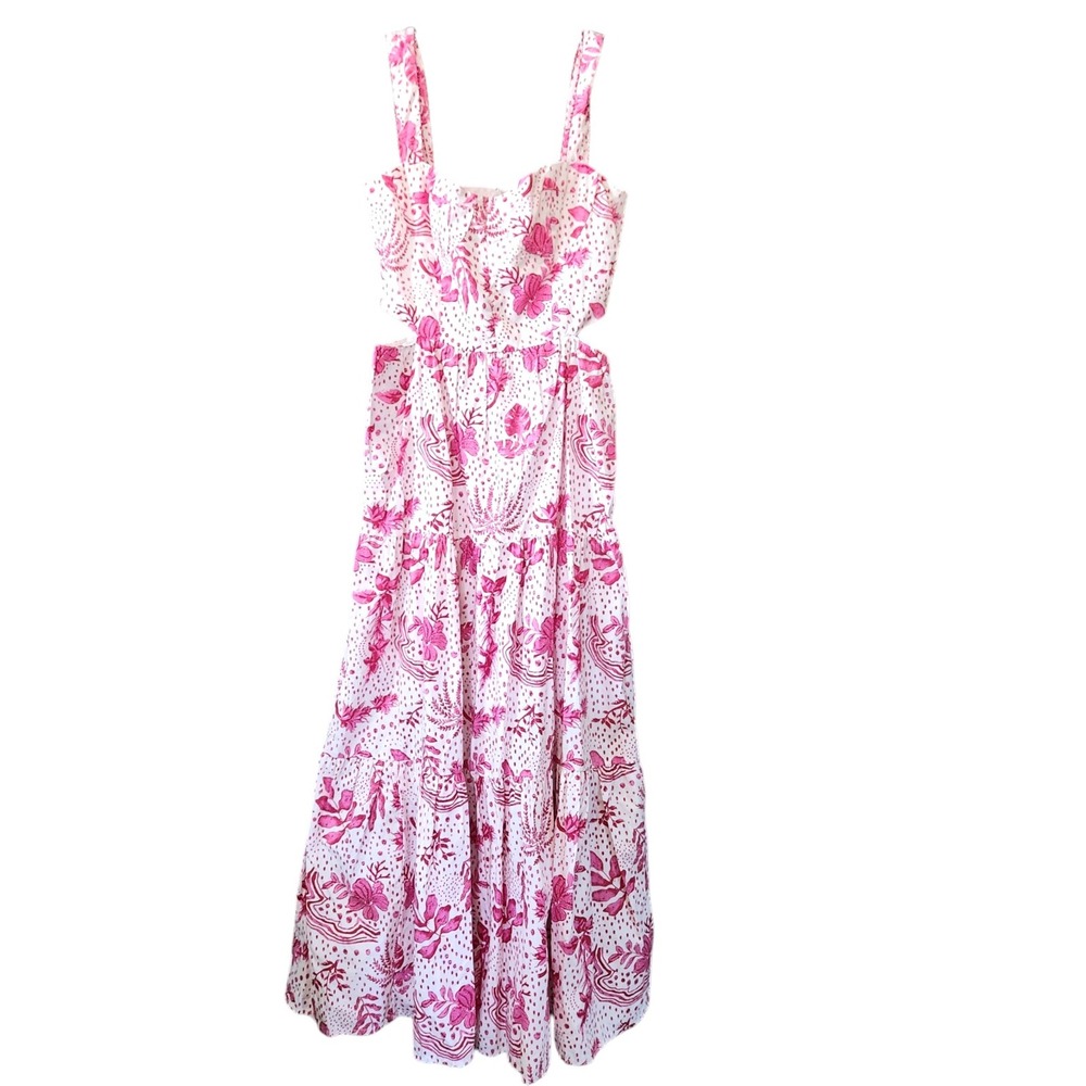 Zara Pink Tropical Floral Cut Out Tiered Midi Dress XS 100% Cotton Vacation